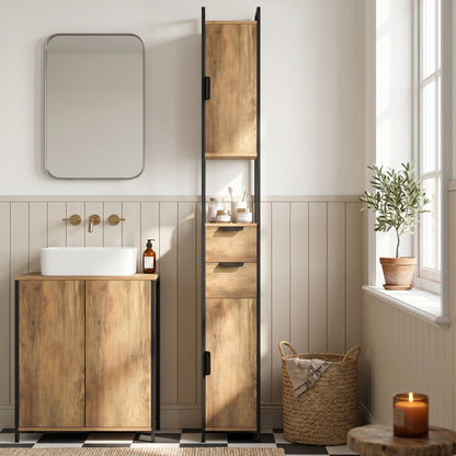 Freestanding Bathroom Cabinet, Tall Bathroom Storage Cabinet with Drawers and Shelves, Linen Storage, Brown
