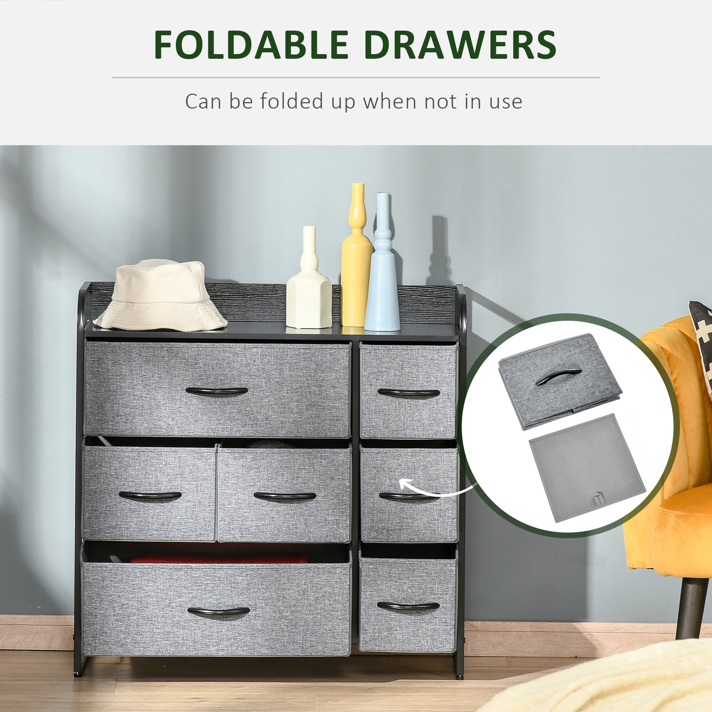 Chest of Drawers with 7 Foldable Drawers, 3-Tier Fabric Bedroom Dresser, Clothes Storage Unit for Bedroom, Living Room, Grey