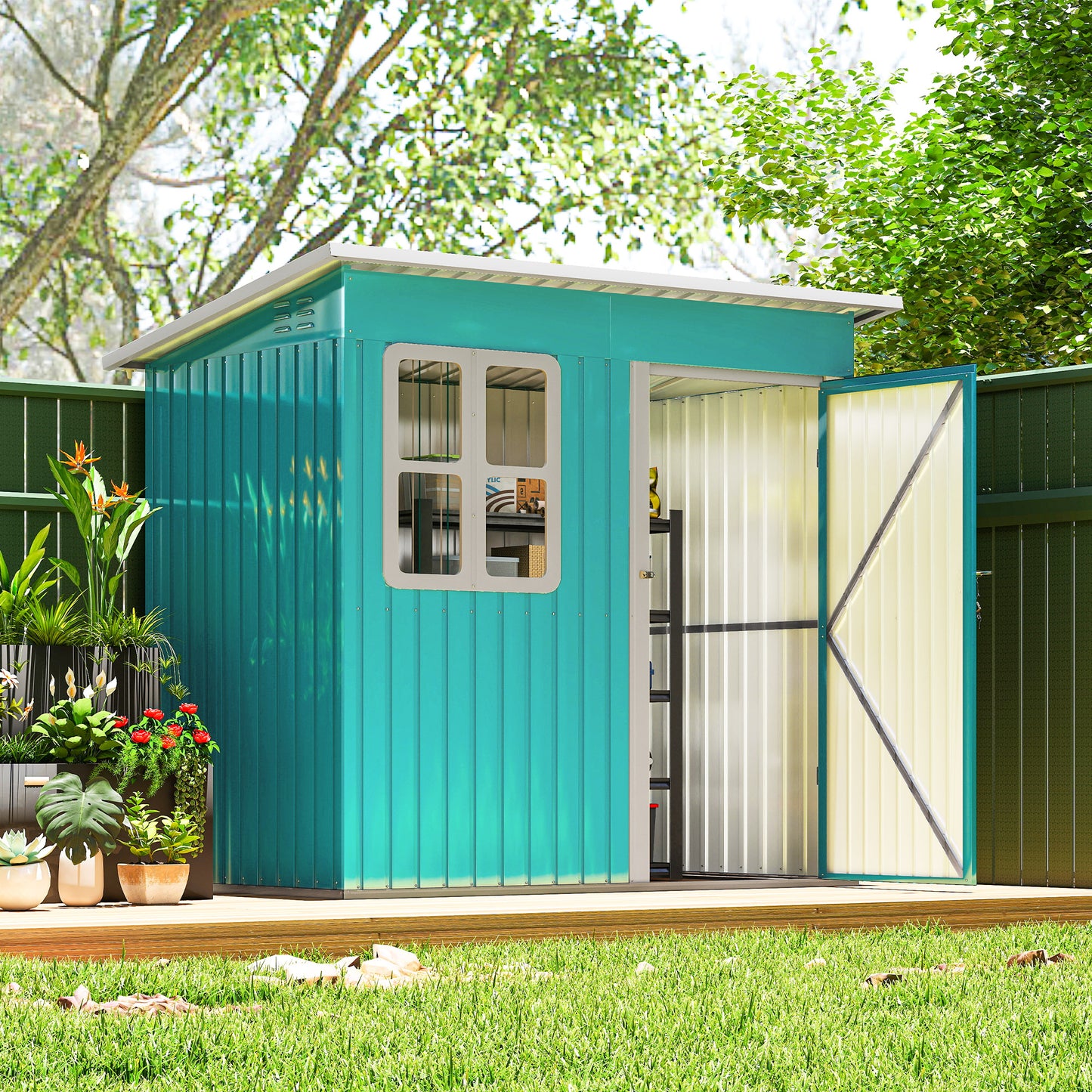 7 x 4ft Galvanised Steel Garden Shed, with Lock, Gloves and Foundation Kit - Green