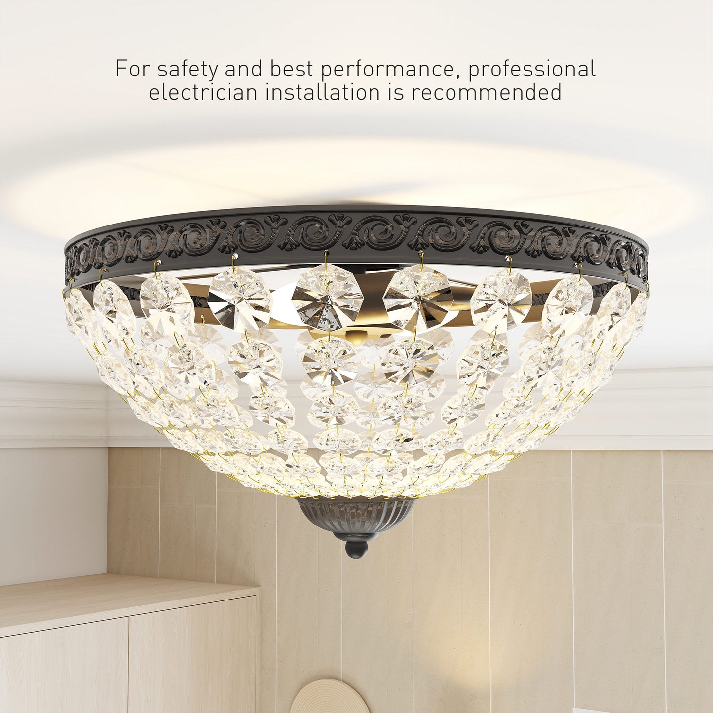 Crystal Chandelier Ceiling Light with 168 Octagonal Beads, Vintage 2-Light Flush Mount Ceiling Light for Living Room