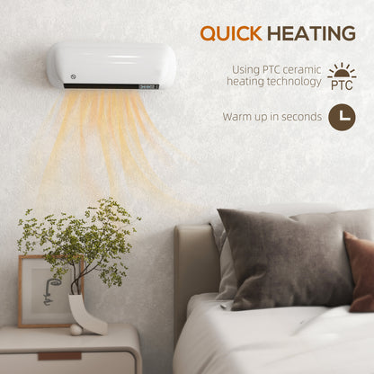 2000W Ceramic Electric Heater with Fan, Adjustable Thermostat, Wall Mounted - White