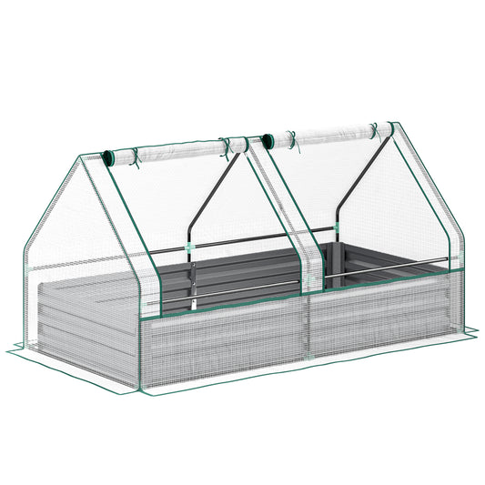 Metal Planter Box with Cover, Raised Garden Bed with Greenhouse, for Herbs and Vegetables, White and Dark Grey