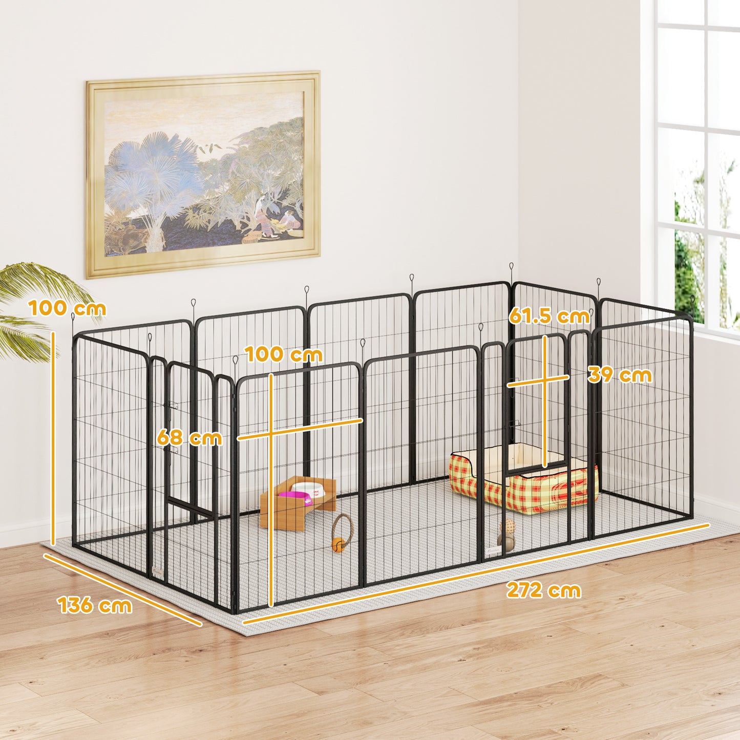 12-Panel Solid Dog Playpen with Doors, for Large Dogs, 100cm Tall, Black