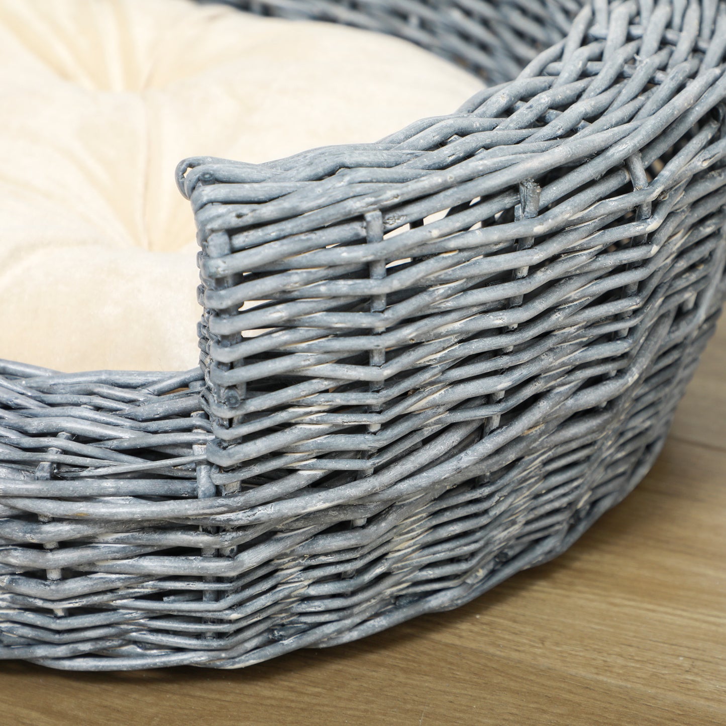 Wicker Pet Bed Willow Dog Cat Sofa Puppy Basket with Cushion Grey 57L x 46W x 17.5H cm