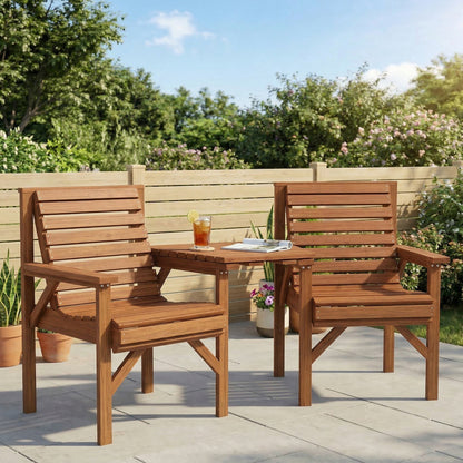 Wooden Garden Love Seat w/ Coffee Table Umbrella Hole, Tan Brown