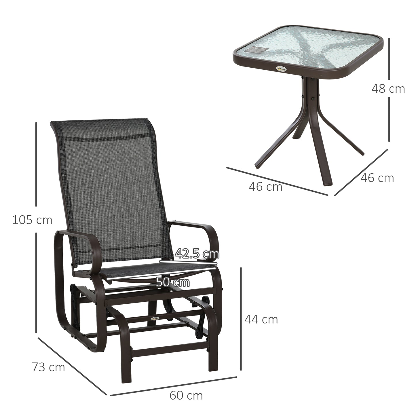 3 Pieces Garden Gliding Chair Set, Metal Frame 2 Single Armchair Swing Seater and 1 Glass Top Coffee Table w/ Breath Mesh Fab