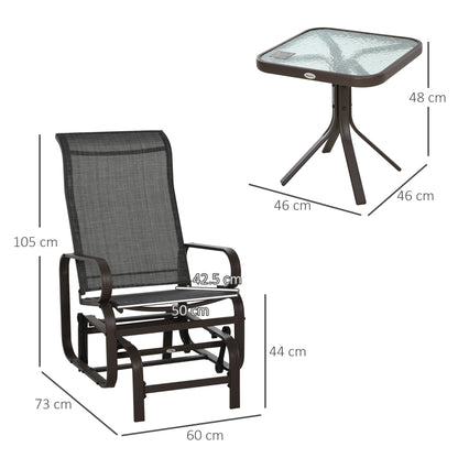 3 Pieces Garden Gliding Chair Set, Metal Frame 2 Single Armchair Swing Seater and 1 Glass Top Coffee Table w/ Breath Mesh Fab
