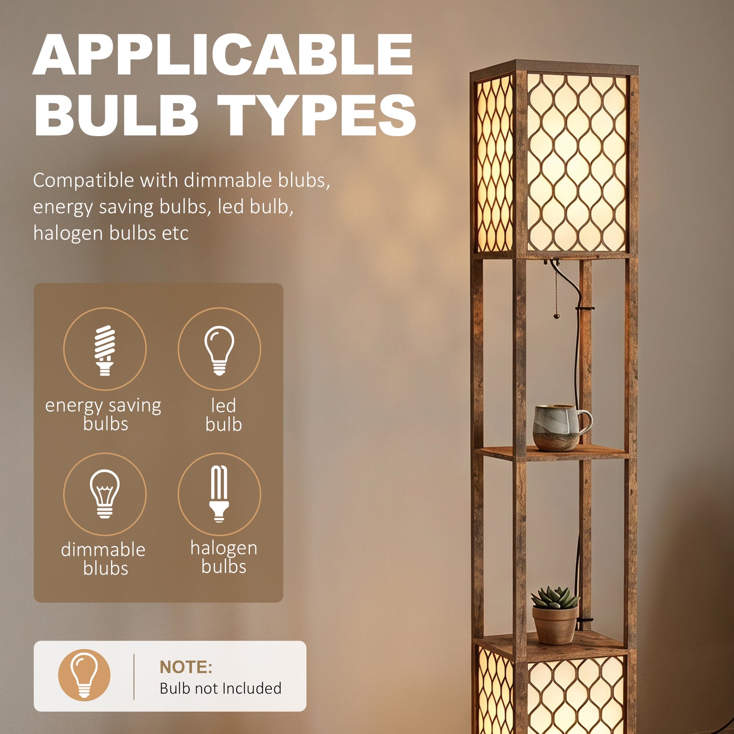 Floor Lamp with Shelves, Modern Tall Standing Lamp with Fabric Lampshades, Zipper Switch and Dual Light, Rustic Brown