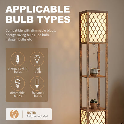 Floor Lamp with Shelves, Modern Tall Standing Lamp with Fabric Lampshades, Zipper Switch and Dual Light, Rustic Brown