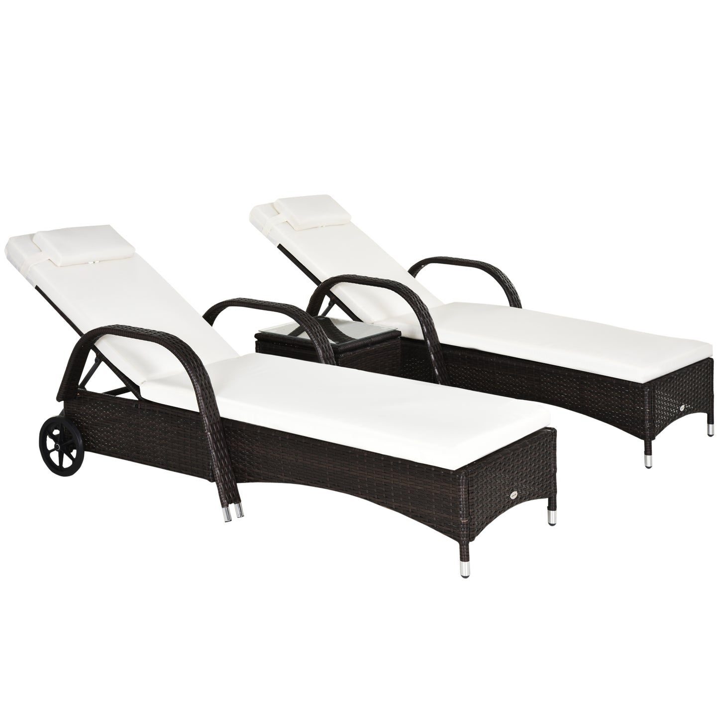 Rattan Sun Loungers Set of 2 with Side Table, 3-Piece Garden Furniture Set