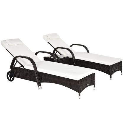Rattan Sun Loungers Set of 2 with Side Table, 3-Piece Garden Furniture Set