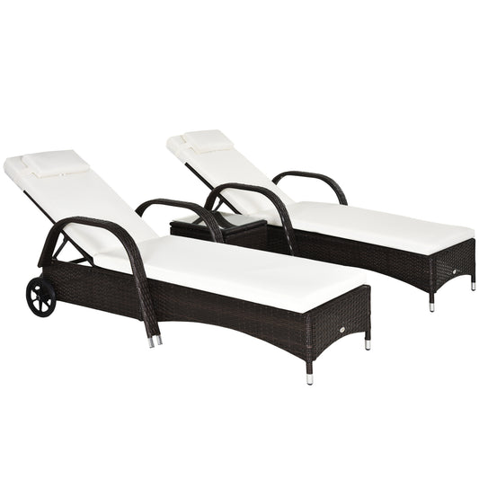 Rattan Sun Loungers Set of 2 with Side Table, 3-Piece Garden Furniture Set