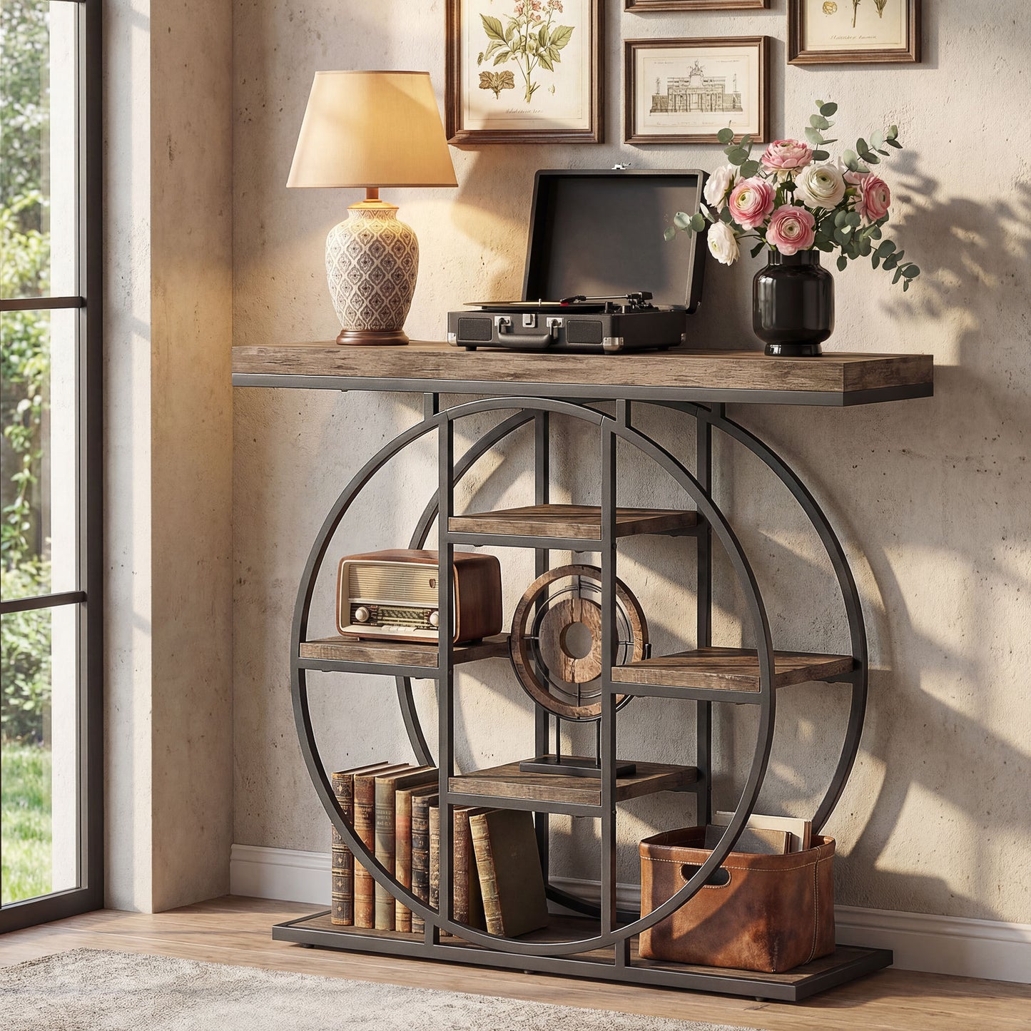 Industrial Console Table with Storage Shelves - Rustic Brown