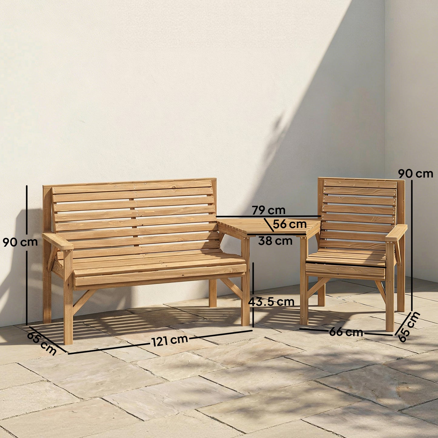 Wooden Garden Furniture Set , 1 Chair, 1 Bench and Detachable Table, Natural Wood Finish
