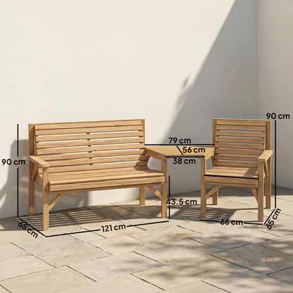 Wooden Garden Furniture Set , 1 Chair, 1 Bench and Detachable Table, Natural Wood Finish