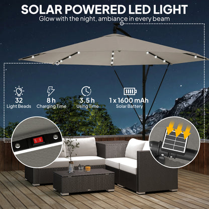 3 m Cantilever Parasol with Solar LED Lights Garden Umbrella with Cross Base, Light Grey