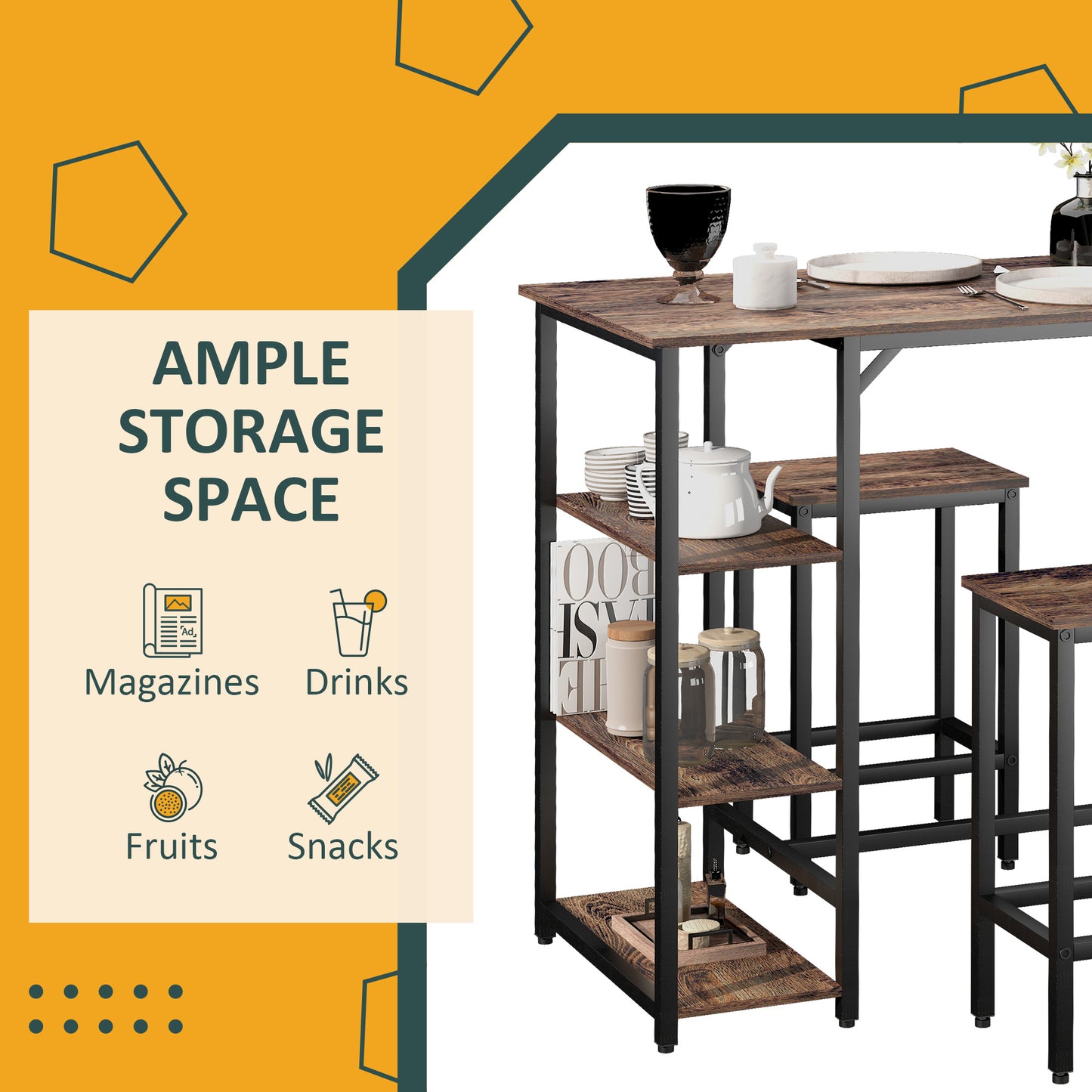 Industrial Bar Height Dining Table Set With 2 Stools & Side Shelf, 3 Pieces Coffee Table for Dining Room, Kitchen, Dinette