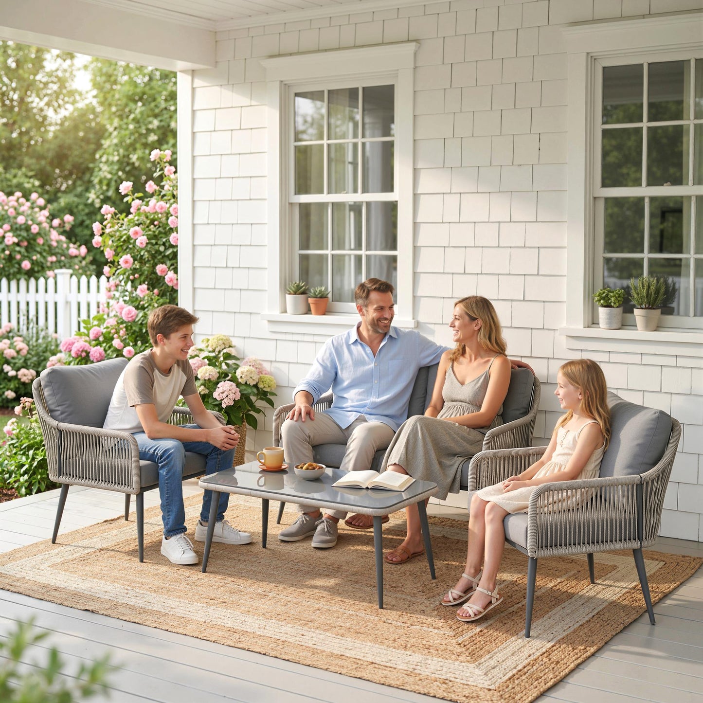 Rattan Garden Furniture Set, 4 Piece Outdoor Patio Furniture with Tempered Glass Table and Chairs