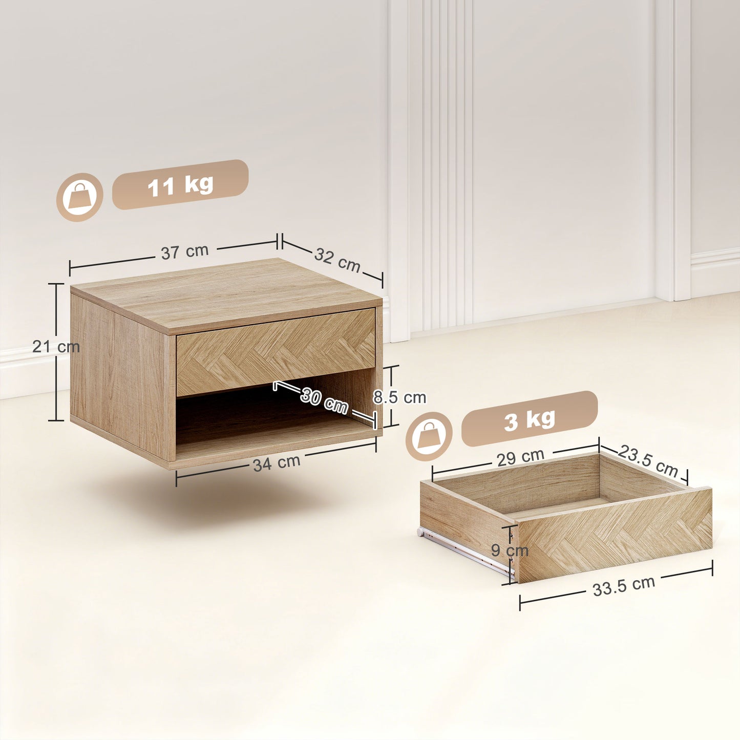 Set of Two Floating Bedside Tables - Natural Wood Finish