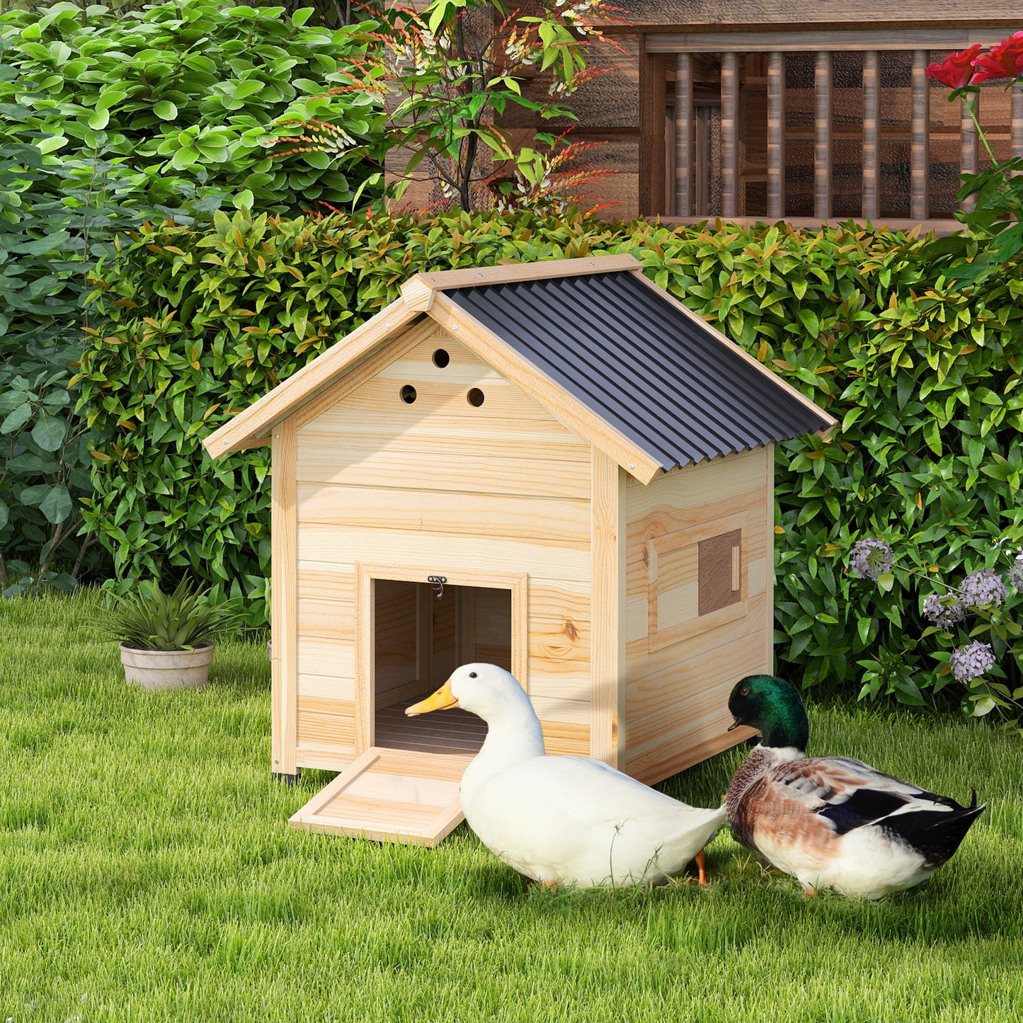 Wooden Duck House with Double Doors, Openable Roof, Ventilation Holes, Removable Base, Natural Wood Finish