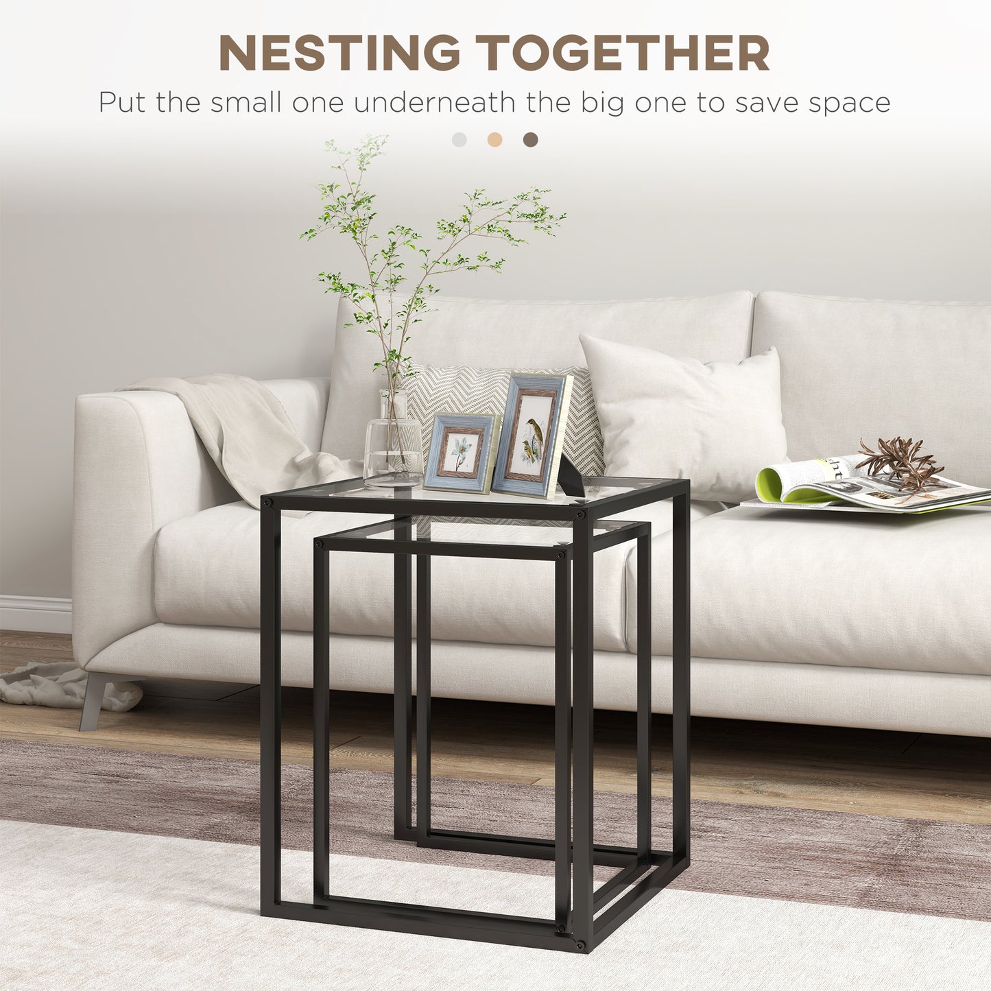 Nesting Tables Set of 2, Side End Table with Tempered Glass Top and Steel Frame for Living Room, Bedroom, Black