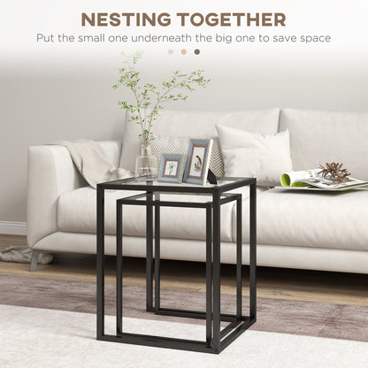 Nesting Tables Set of 2, Side End Table with Tempered Glass Top and Steel Frame for Living Room, Bedroom, Black