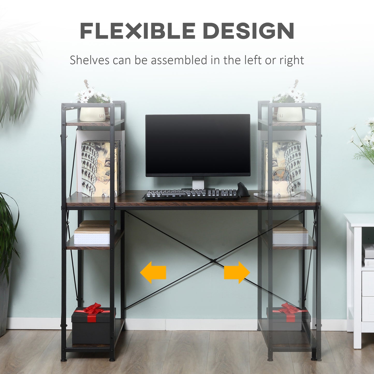 Reversible Computer Desk with Storage Shelves on Left or Right, Industrial Reversible Writing Desk for Home Office, Study