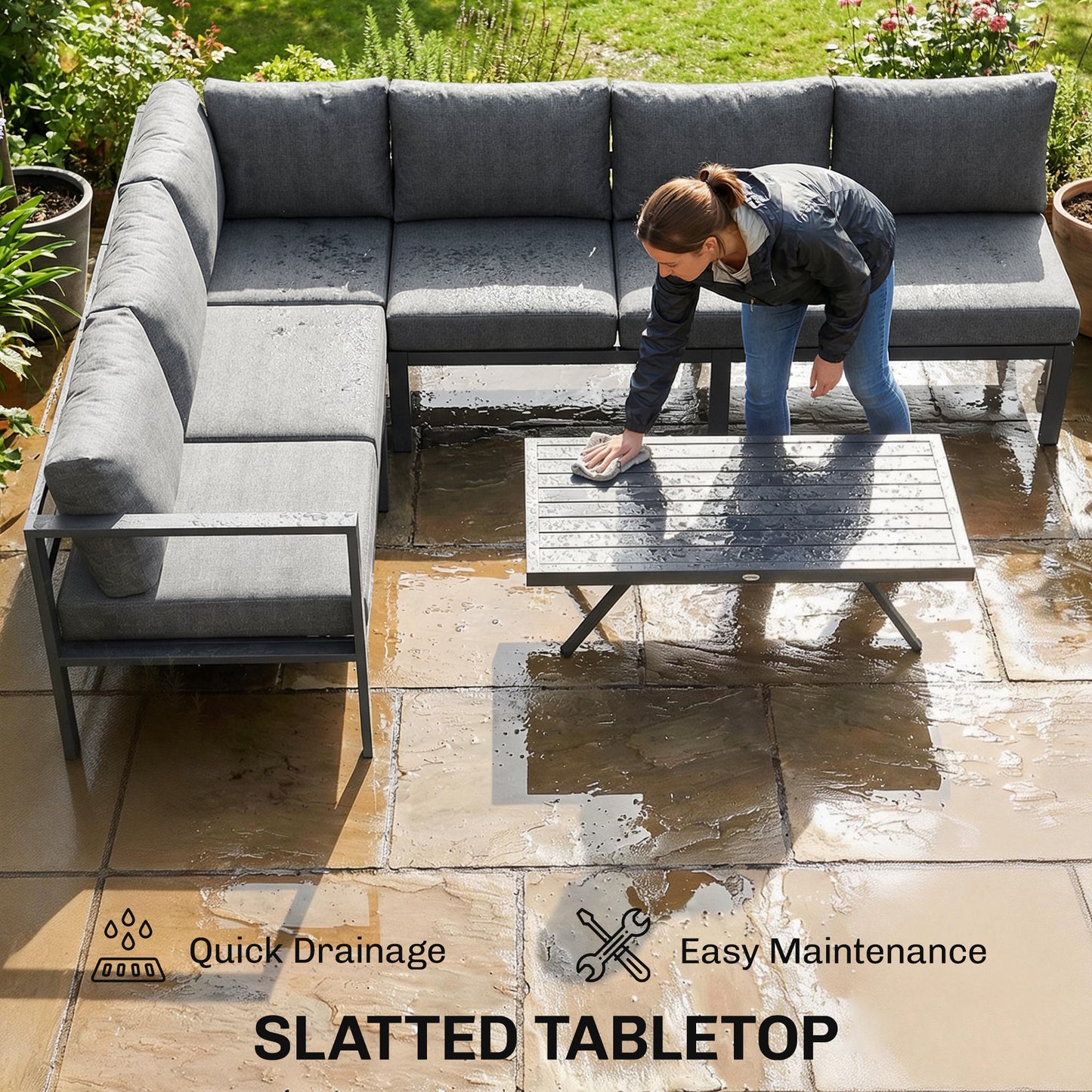 3 Pieces Garden Furniture Set, Aluminium Corner Lounge Set with Adjustable Backrest, Grey