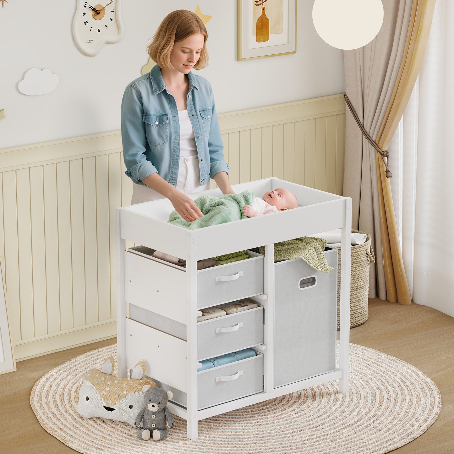Baby Changing Unit with 4 Storage Drawers, Mat for Bedroom Nursery, 84 x 84.5 cm, White