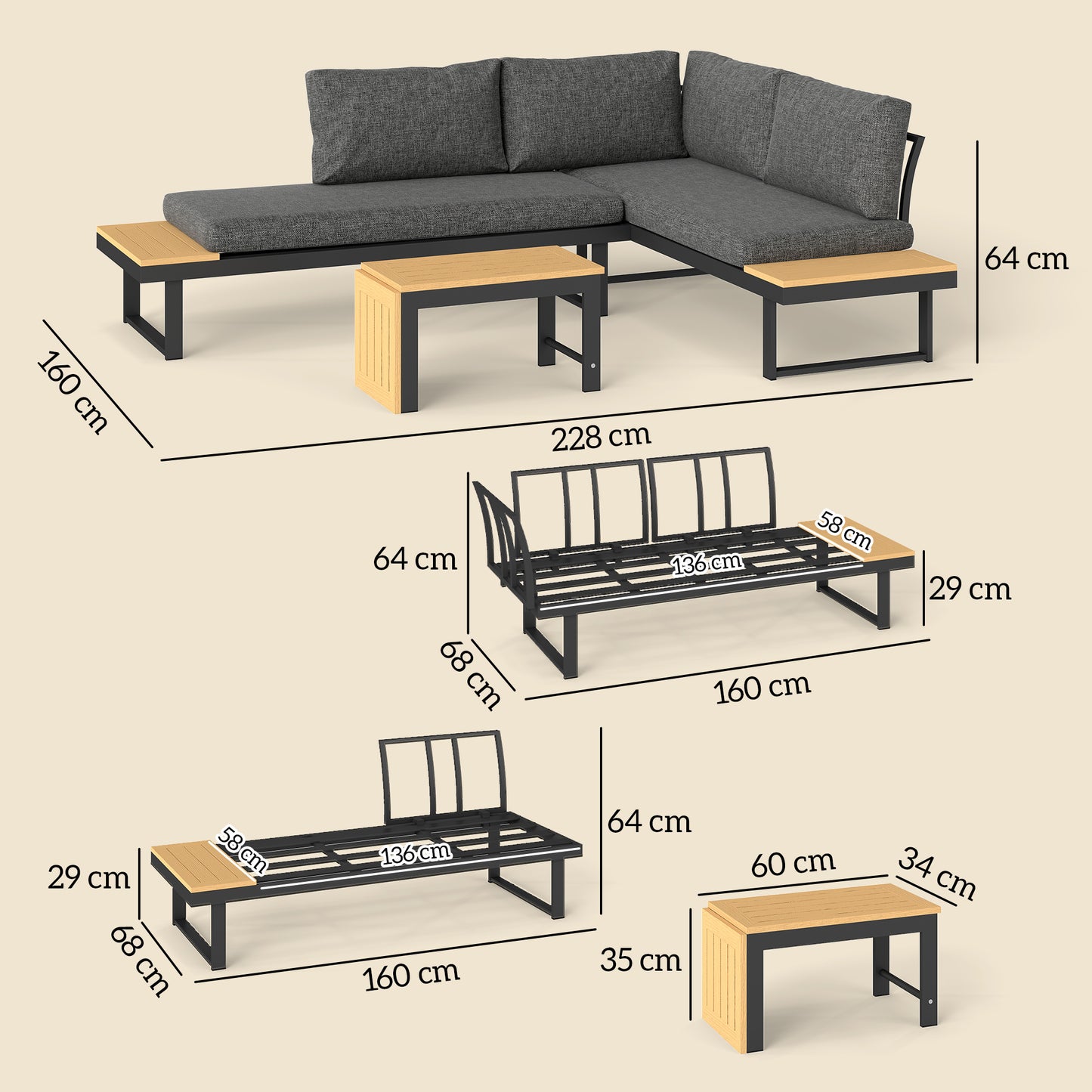 4 Seater L Shaped Aluminium Sectional Garden Furniture Set with 2 Loveseats and Wood-Plastic Coffee Table - Natural Wood