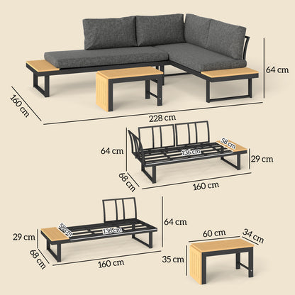 4 Seater L Shaped Aluminium Sectional Garden Furniture Set with 2 Loveseats and Wood-Plastic Coffee Table - Natural Wood