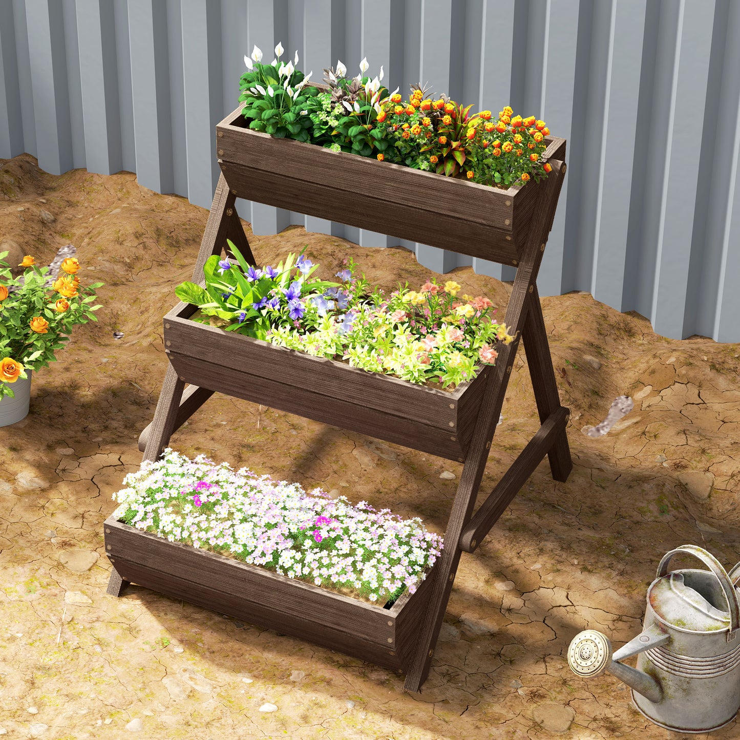 3 Tier Raised Garden Bed Wooden Elevated Planter Box Kit, 66L for Flower, Vegetable, Herb, 65x75x78cm, Tan