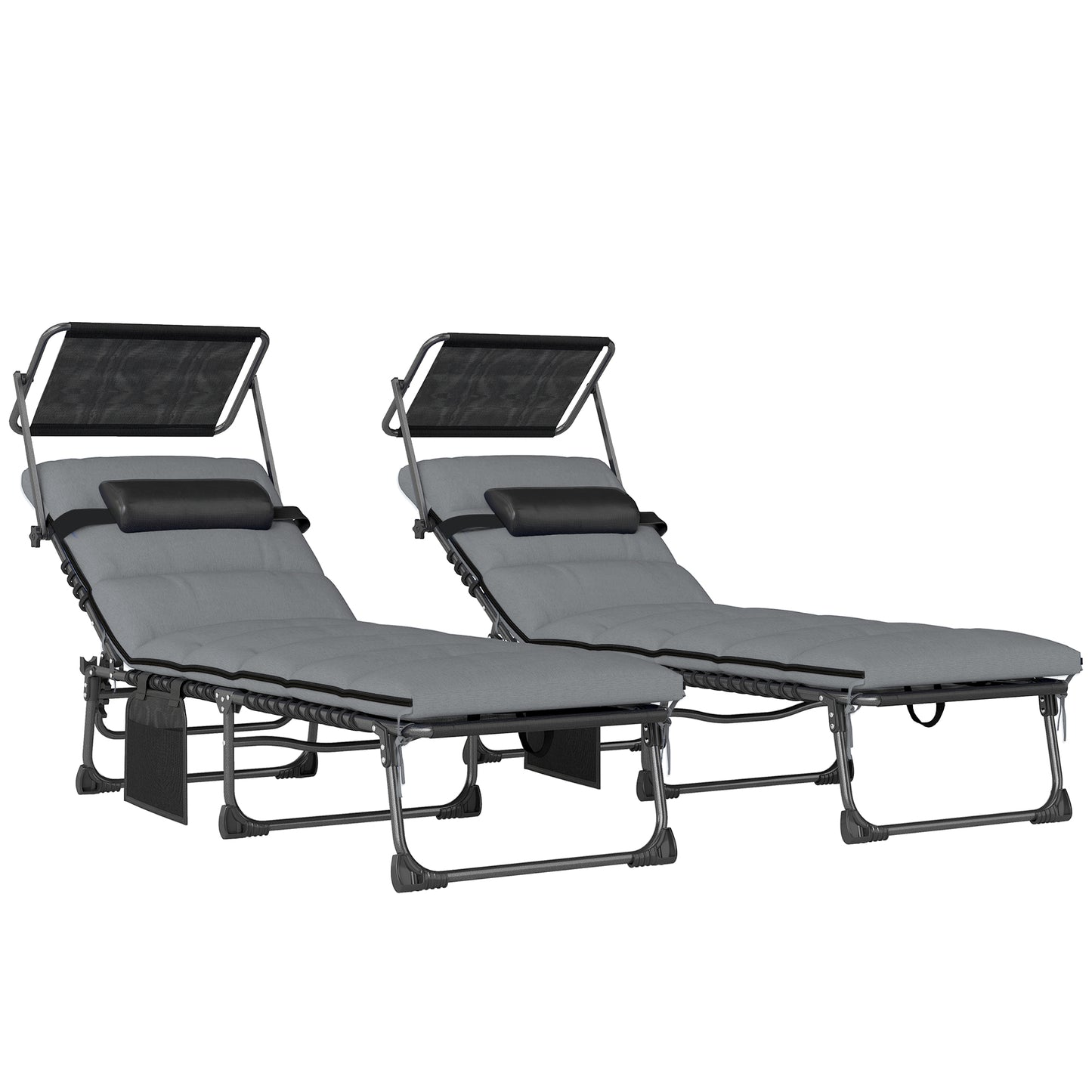 Folding Sun Loungers Set of 2 with Canopy, Reclining Sunbed with Cushion, Side Pocket, Carrying Handle, Light Grey