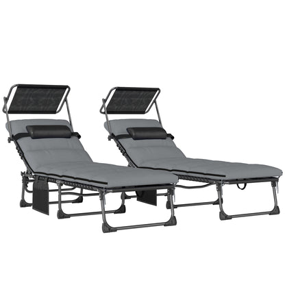 Folding Sun Loungers Set of 2 with Canopy, Reclining Sunbed with Cushion, Side Pocket, Carrying Handle, Light Grey