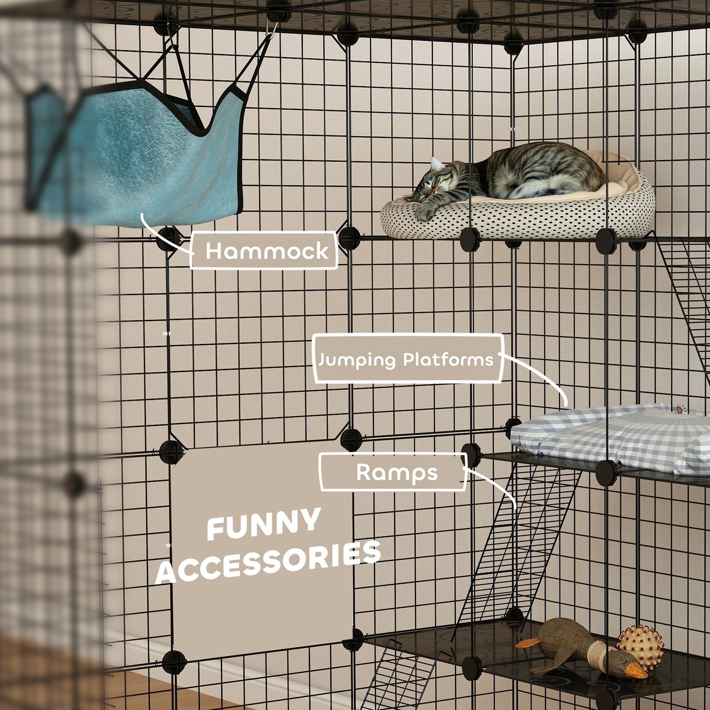 Steel Wire Cat Cage Indoor with Hammock, Ramps, Doors, DIY Cat Enclosure for 1-3 Cats, Black
