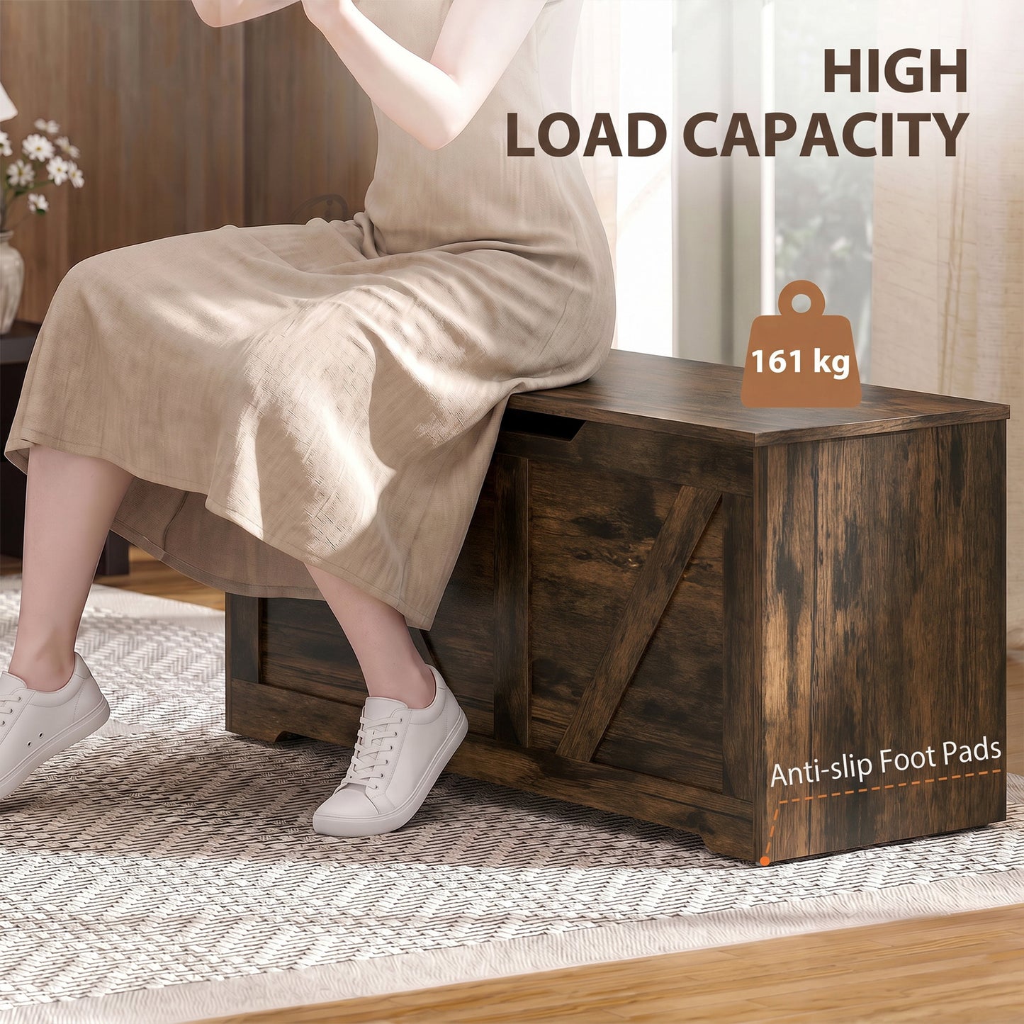 127L Home Storage Box, with Safety Hinges - Rustic Brown Wood-Effect
