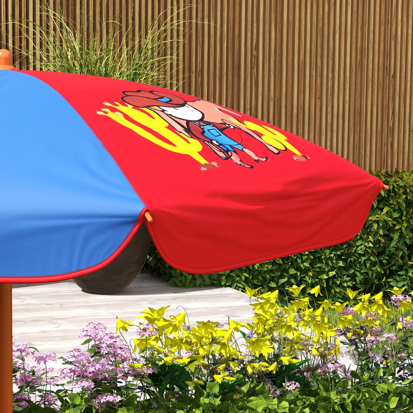 Kids Picnic Table and Chair Set, Cowboy Themed Outdoor Garden Furniture w/ Foldable Chairs, Adjustable Parasol