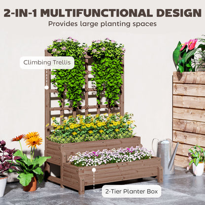 2-Tier Raised Garden Bed with Trellis, Wooden Elevated Planter Box with Drainage Holes