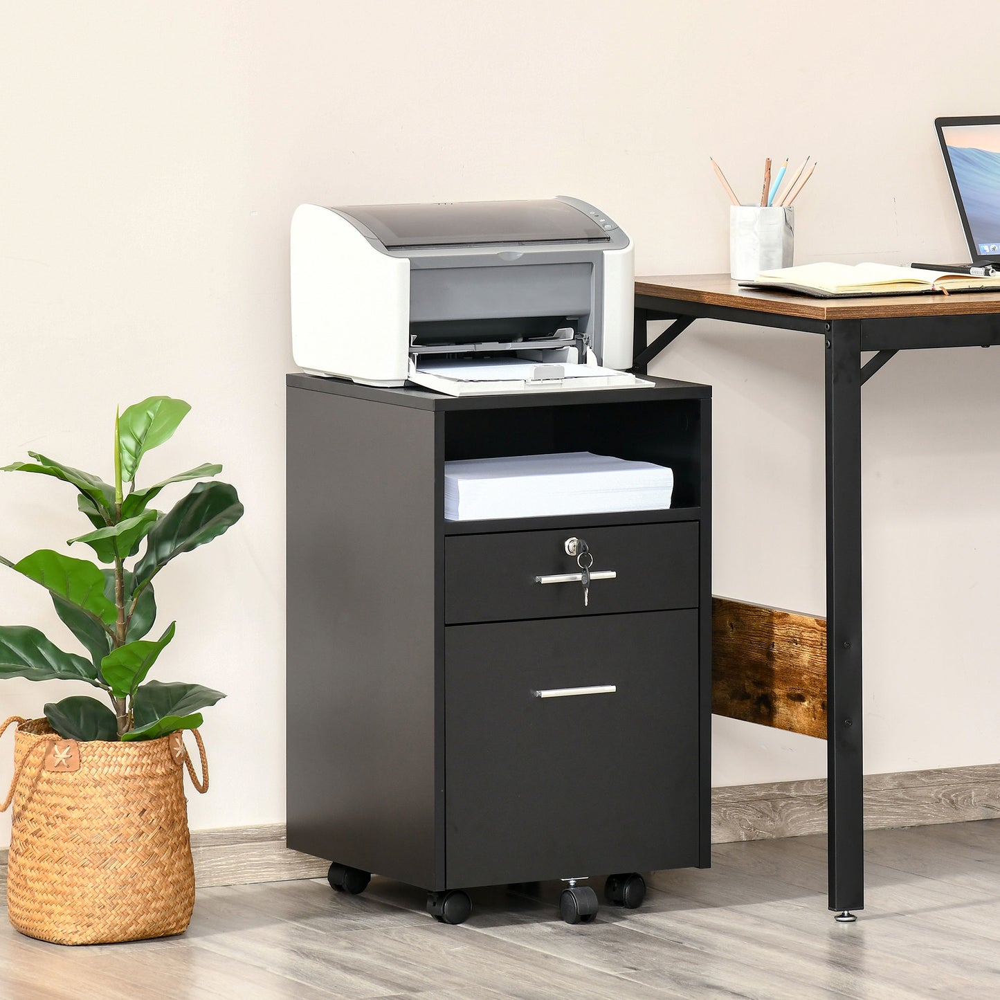 Lockable Two-Drawer Filing Cabinet, with Wheels - Black
