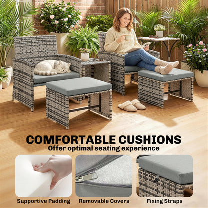 6 Piece Rattan Garden Furniture, Space-Saving Patio Furniture Set with Nesting Tables, Chairs, Stools, Cushions, Grey