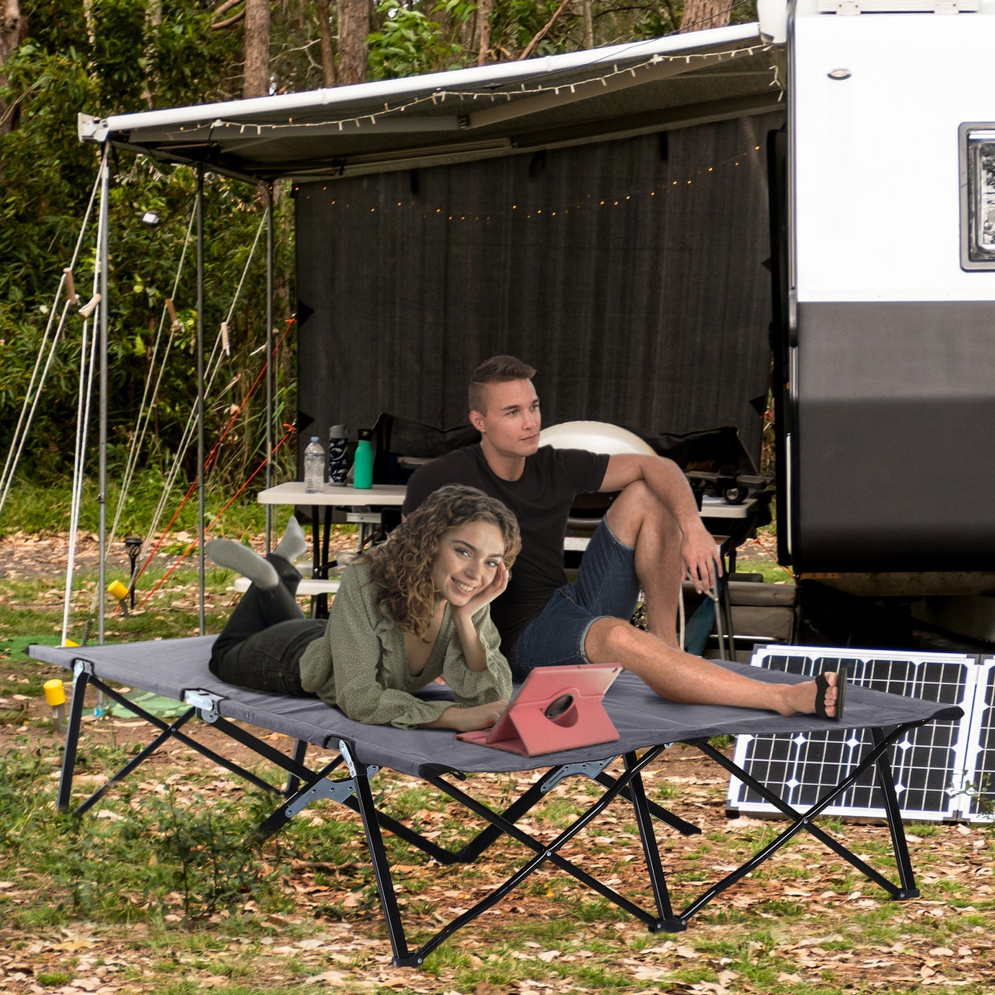 Double Camping Cot Bed, with Bag - Grey