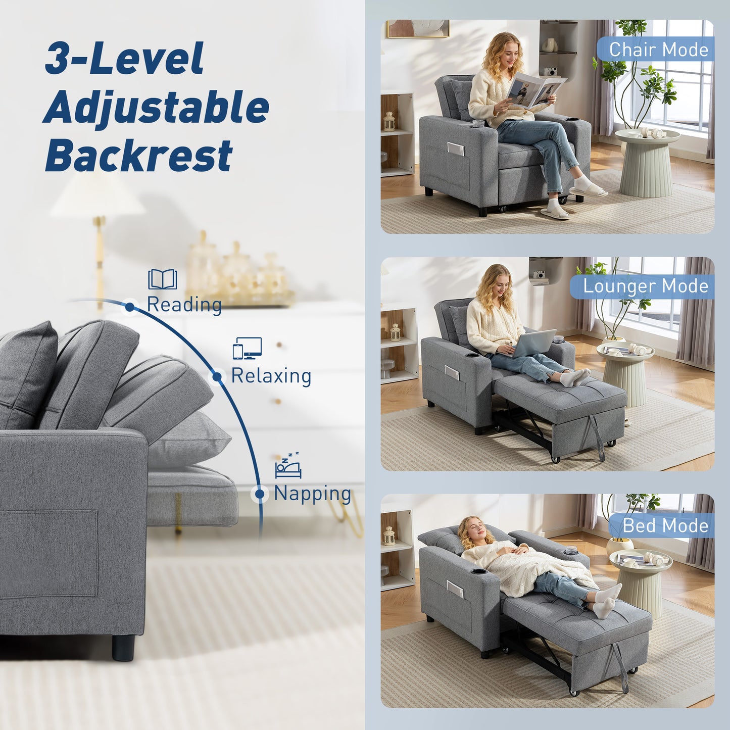 3-in-1 Single Sofa Bed, Convertible Sleeper Chair Bed - Dark Grey