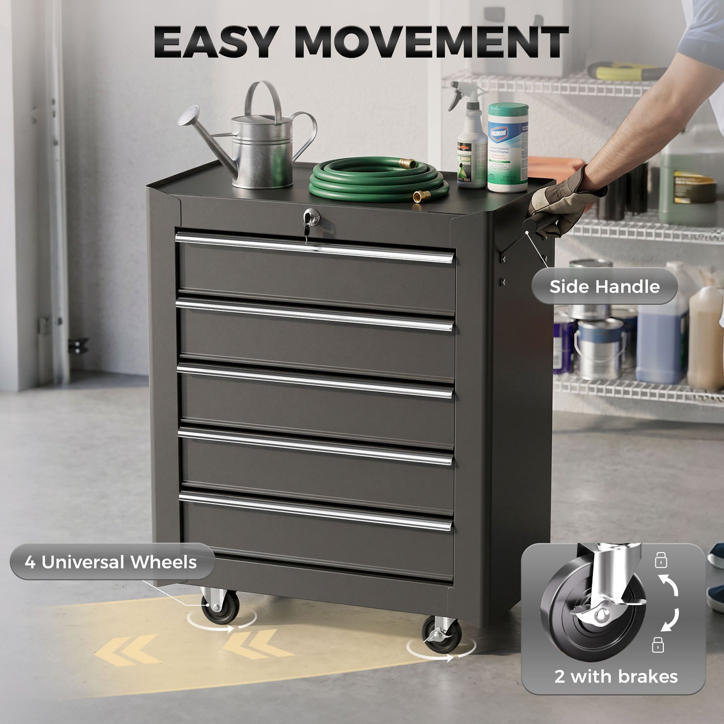 5-Drawer Tool Chest with Wheels, Steel Lockable Tool Storage Cabinet with Handle, 2 Keys for Garage, Workshop, Black