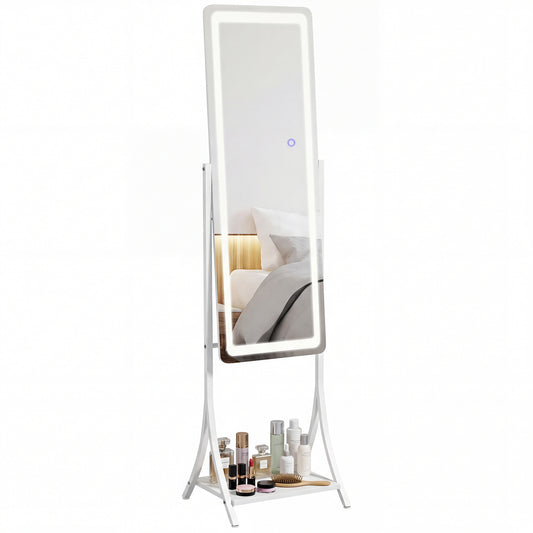 Free Standing Dressing Mirror with LED Lights, Full Length Mirror with 3 Temperature Colours and Storage Shelf