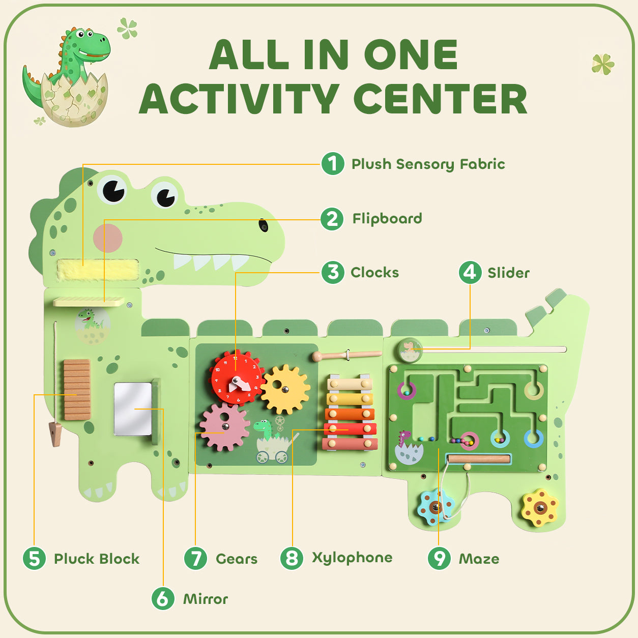 Busy Board Panels, Wall Mounted Montessori Inspired Busy Board, Toddler Learning Centre Dinosaur Theme, Green
