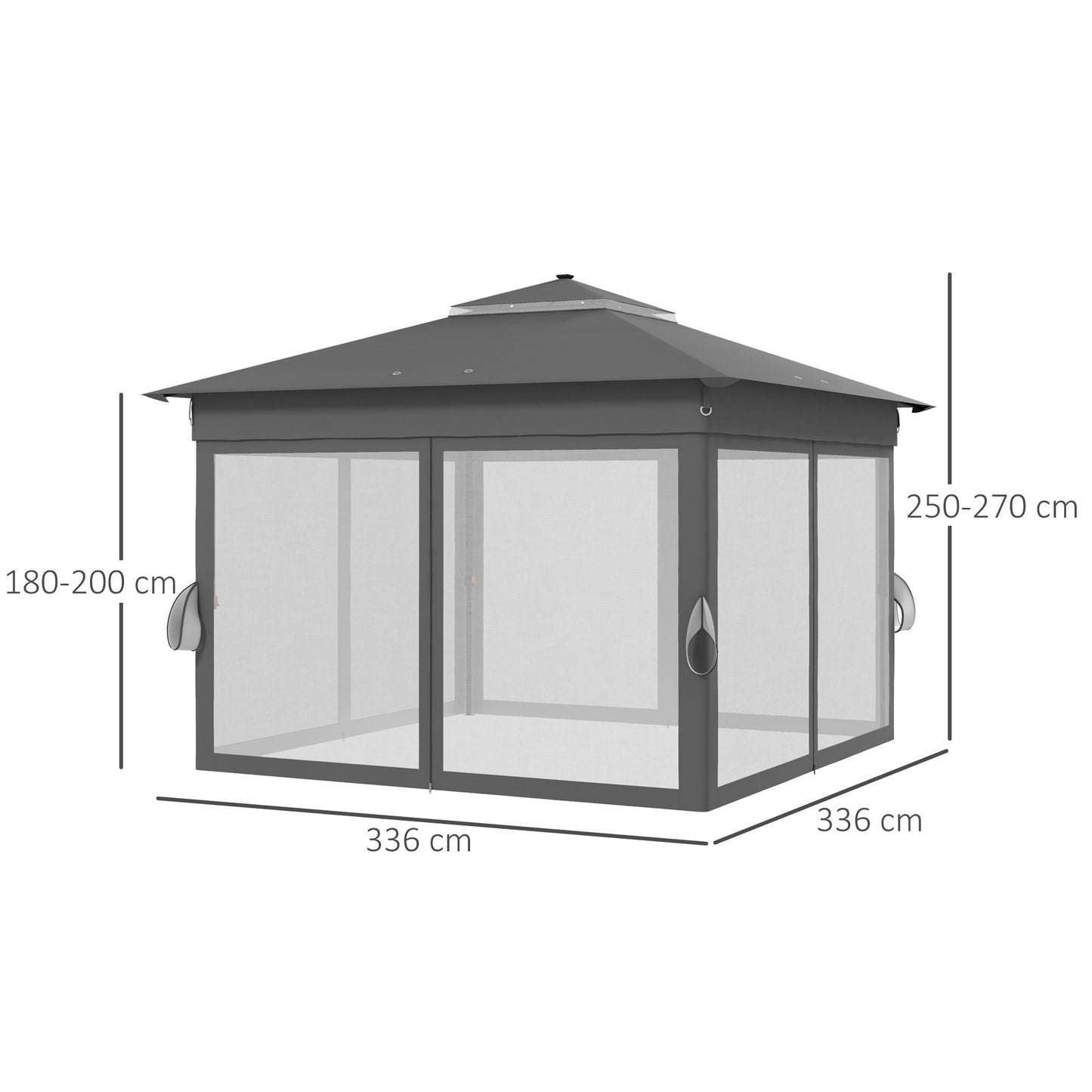 3.36 x 3.36m Pop Up Gazebo Party Tent with Solar-Powered LED Lights, Adjustable Event Shelter with Netting, Grey
