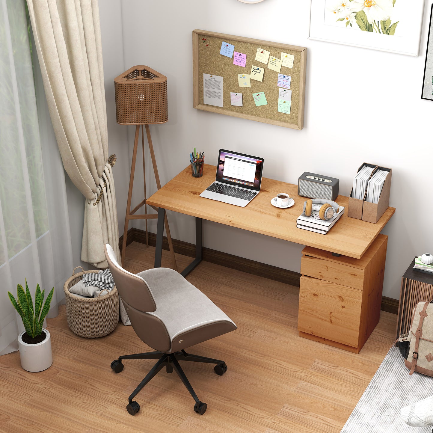 Computer Desk, Writing Desk with Cabinet, Drawer, Metal Legs, Work Table for Home Office Study, Natural Wood Finish