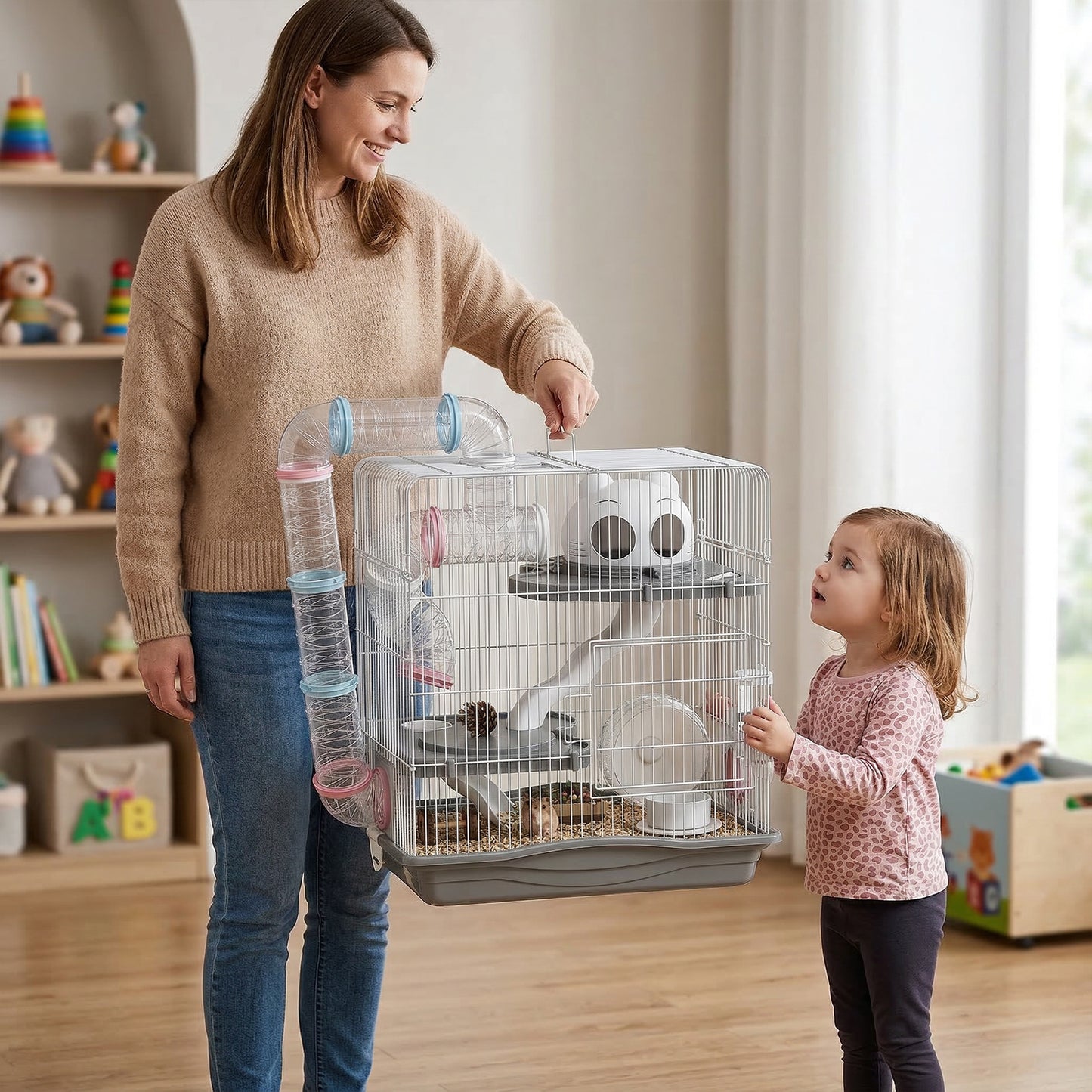 3-Tier Hamster Cage with Exercise Wheels, Water Bottle, Food Dish, for Dwarf Hamsters, 45 x 30 x 45 cm, Grey