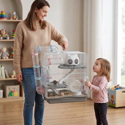3-Tier Hamster Cage with Exercise Wheels, Water Bottle, Food Dish, for Dwarf Hamsters, 45 x 30 x 45 cm, Grey