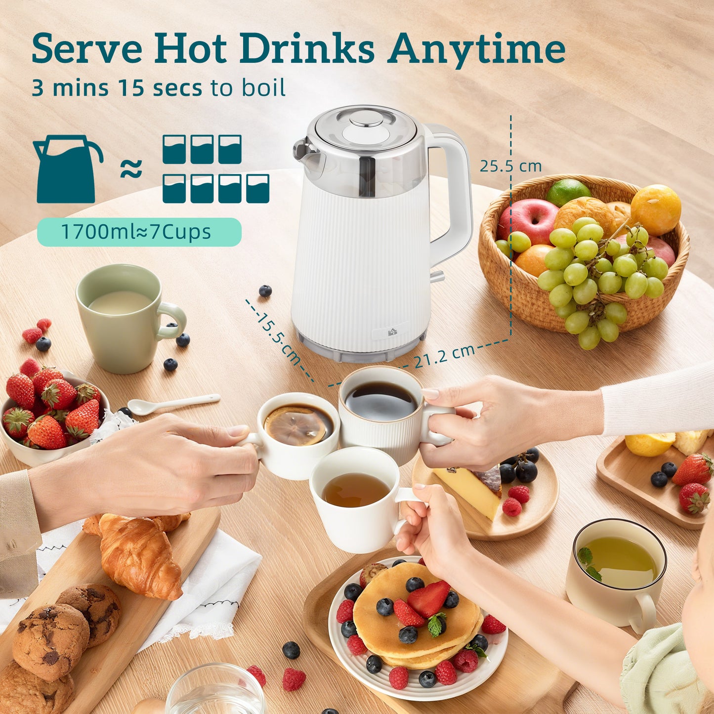 Electric Stainless Steel Kettle and Toaster Set, 3000W 1.7L UK Strix Thermostat Fast Boil Kettle w/ Limescale Filter